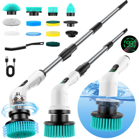 Cepillo de limpieza eléctrico, cepillo de limpieza giratorio con batería de 2000 mAh, 12 cabezales intercambiables, mango ajustable, resistencia al agua IPX6, 2 velocidades, ideal para baño, hogar y c
