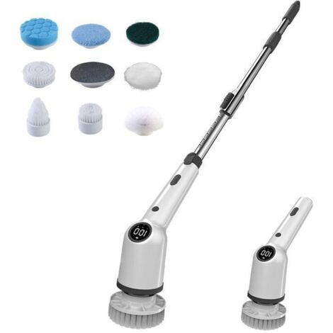 Cepillo de limpieza eléctrico giratorio, cepillo inalámbrico con taladro y aviso por voz, con 8 cabezales, estropajo eléctrico giratorio con mango ajustable de 137 cm para baño y cocina.
