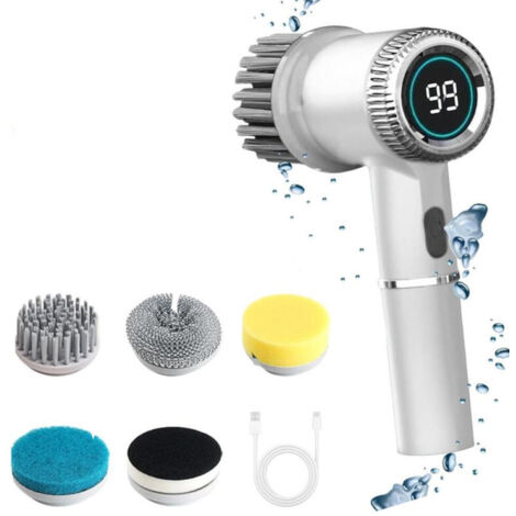 Cepillo de limpieza eléctrico para azulejos de cocina, baño y coche, con 5 cabezales reemplazables y pantalla LED, color blanco.