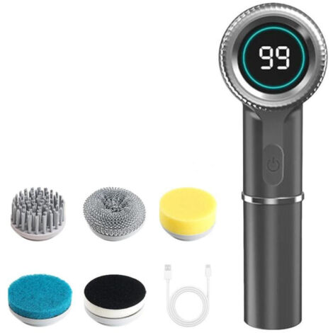 Cepillo de limpieza eléctrico para azulejos de cocina, baño y coche, con 5 cabezales reemplazables y pantalla LED, color gris.