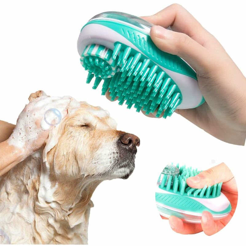

Abcrital - Cepillo de masaje de baño 2 en 1 para mascotas, dispensador de champú para el cuidado de mascotas, cerdas de silicona suave para