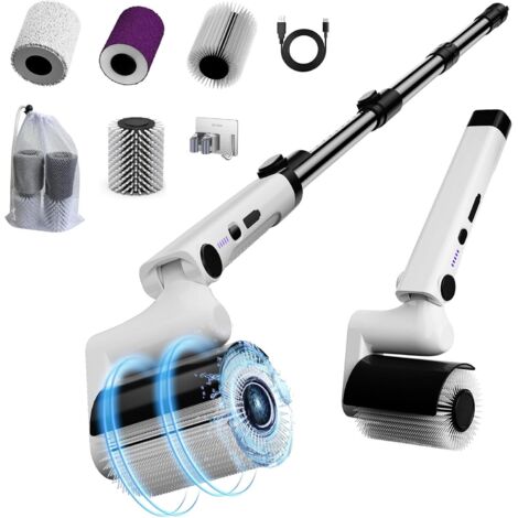 Cepillo eléctrico de limpieza con rodillo - 2 velocidades - Resistente al agua - Inalámbrico - Con 4 cabezales versátiles y mango telescópico