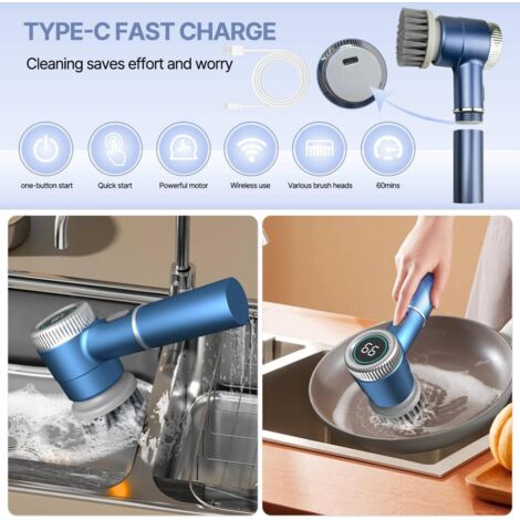 Cepillo eléctrico de limpieza de tres velocidades, ideal para limpiar la cocina, el baño, la bañera y la ducha. Incluye 5 cabezales intercambiables y una pantalla LED.