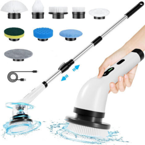 Cepillo eléctrico inalámbrico, cepillo de limpieza inalámbrico con 9 cabezales reemplazables, fregona eléctrica con mango ajustable para baño, cocina y coche (blanco)