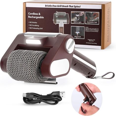 Cepillo eléctrico inalámbrico para limpiar barbacoas: rodillo de acero inoxidable, 350 rpm, luz LED, 4000 mAh, recargable, apto para lavavajillas, para gas o carbón.