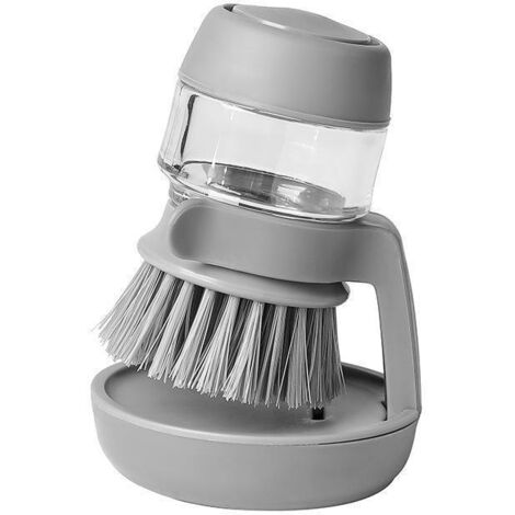 Cepillo lavavajillas con dispensador de jabón, cepillo de cocina con soporte, cepillo con depósito de lavavajillas, cepillo de limpieza para sartenes y fregaderos, gris