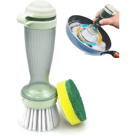 Cepillo lavavajillas con válvula dosificadora para limpiador multiusos, dos cabezales intercambiables para fregaderos y lavabos.