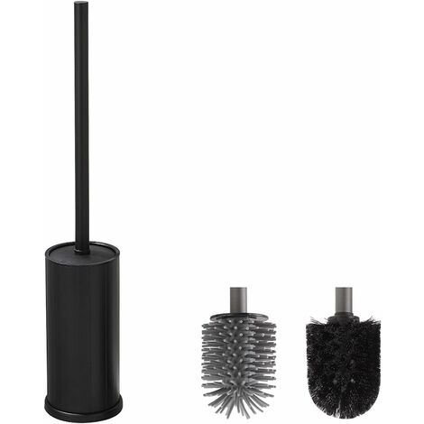 Cepillo para inodoro y soporte Cepillo para inodoro de silicona negra con 1 cabezal de cepillo de repuesto Cepillo para inodoro de metal con soporte