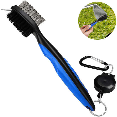 Cepillo para palos de golf y limpiador de ranuras. Mosquetón de aluminio para tirolina retráctil. Ligero y elegante. Diseño ergonómico. Se fija fácilmente a la bolsa de golf. Azul.