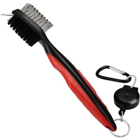Cepillo para palos de golf y ranuras Cepillo de nailon y acero de doble cara con púas para limpiar las superficies y ranuras de los palos - Viene con cierre (mosquetón) para colgar fácilmente