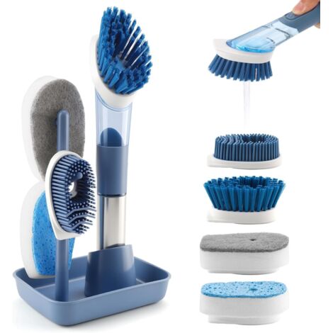 Cepillo para platos con depósito, cepillo de limpieza ajustable con dosificador de líquido, juego de 4 cabezales para ollas, sartenes y fregaderos, cepillo de cocina de 28,5 cm con soporte, azul