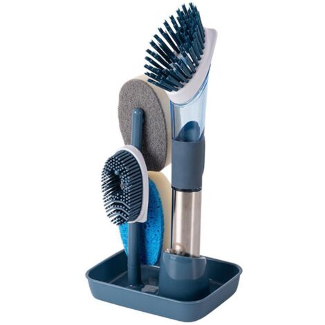 Cepillo para platos con dispensador de jabón, juego de limpieza de cocina de acero inoxidable con 4 cabezales de repuesto y soporte.