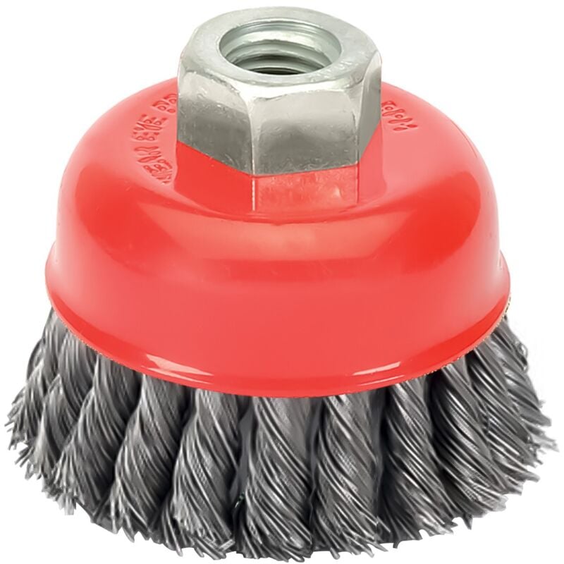 

Cepillo taza con alambre de acero trenzado rosca m14, Ø 100 mm. alambre de Ø 0,50 mm.