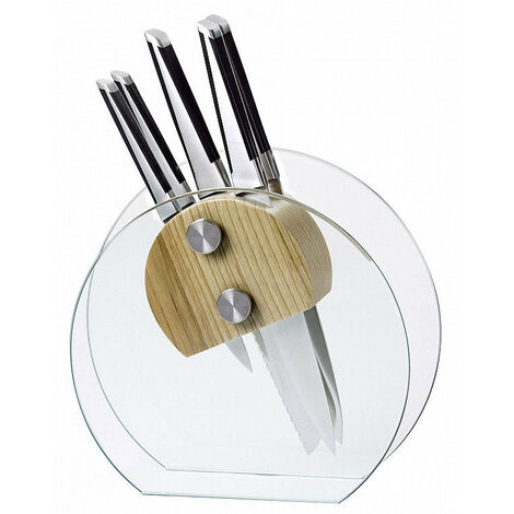 Ceppo in Vetro Temprato e Legno con 5 Coltelli Marte Alexander Crystal Rubino