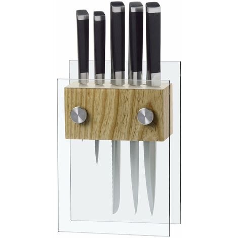Ceppo in Vetro Temprato e Legno con 5 Coltelli Marte Alexander Crystal Zaffiro