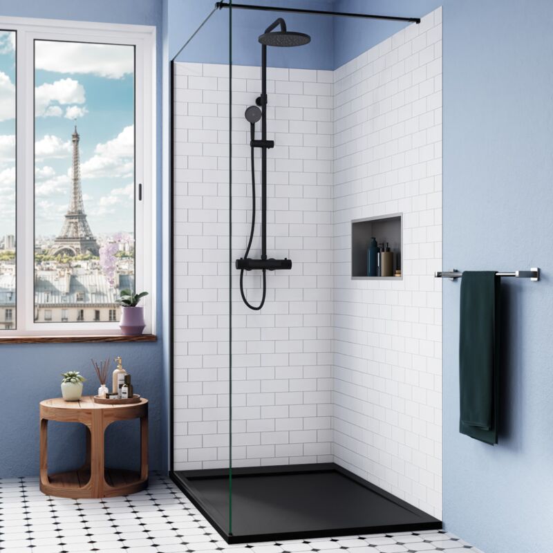 Alda Receveur de douche 140x90cm + Siphon Eslim 90. Pierre de synthèse, noir mat (ALD15-14090N-S) - Ceramia