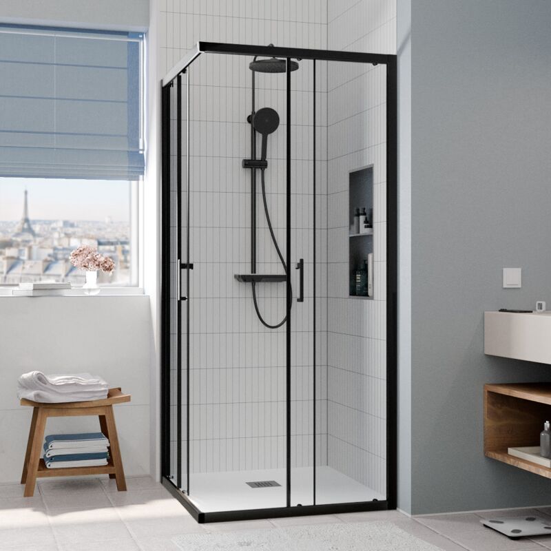 Porte coulissante 90x90 + receveur blanc avec siphon (HCB-ALD15B-9090) - Ceramia