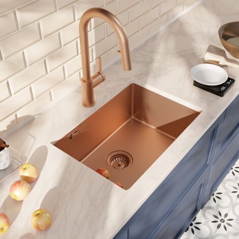 Ceramia Timeless 55x45x21 cm fregadero bajo encimera + grifo de acero inox con ducha extraíble, cobre cepillado (TMLKSU-5545BCP-M2)