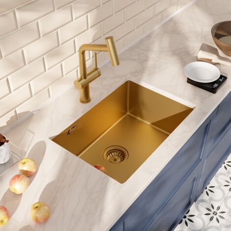 Ceramia Timeless 55x45x21 cm lavello sottotop + miscelatore in acciaio inox con doccetta estraibile, oro spazzolato