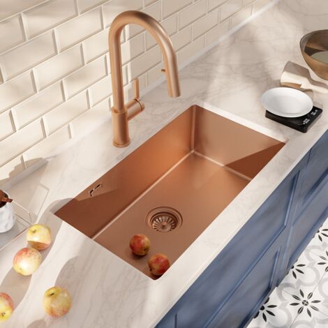 Ceramia Timeless 68x45x21 cm fregadero bajo encimera + grifo de acero inox con ducha extraíble, cobre cepillado (TMLKSU-6845BCP-M2)