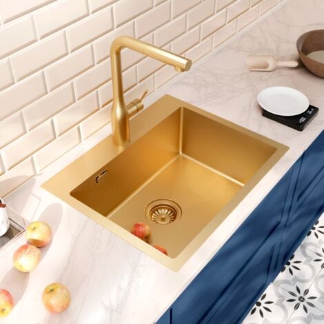 Ceramia Timeless Fregadero de cocina de acero inoxidable 304, 1 cubeta, 55x45x21 cm, PVD Oro cepillado