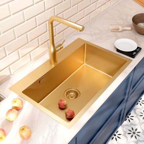 Ceramia Timeless Fregadero de cocina empotrable inox 304, 1 cubeta, 68x45x21 cm, Oro cepillado PVD (TMLKST-6845BG)