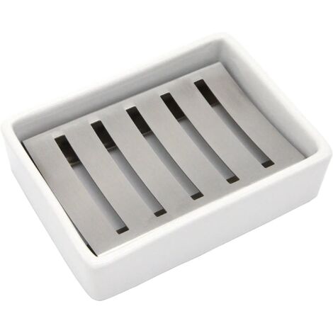 Ceramic and Stainless Steel Soap Dish with Drainer for Bathroom and Shower