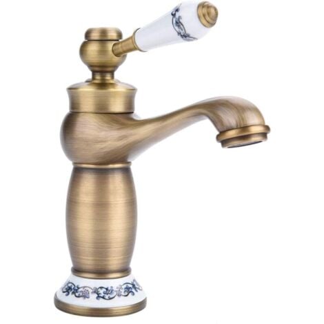 BASETBL Ceramic antique brass faucet, bathroom sink faucet, blue and white porcelain long neck retro faucet, mixer faucet, kitchen cold/hot water basin faucet