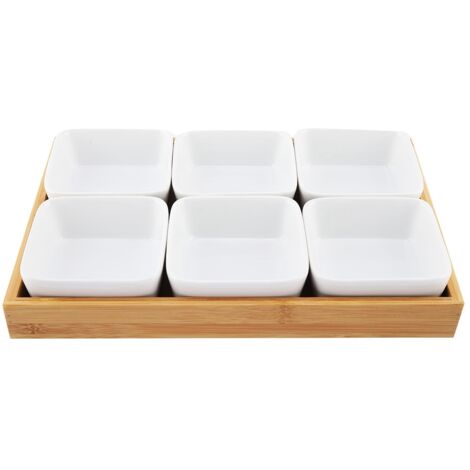 Ceramic Appetizer Serving Plate with Bamboo Tray for Fruits Nuts Desserts 6 Compartments
