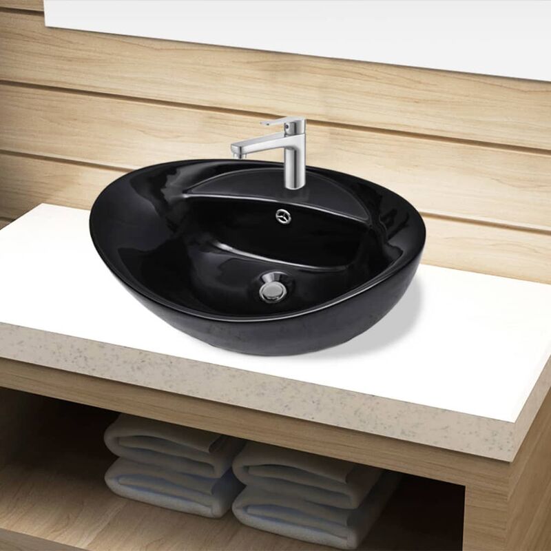 Ceramic Bathroom Sink Basin Faucet/Overflow Hole Black Oval VDTD04199