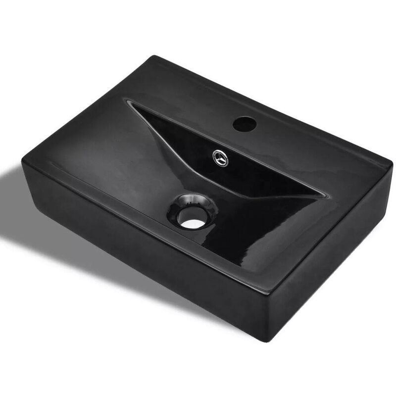 Ceramic Bathroom Sink Basin Faucet/Overflow Hole Black Rectangular VDTD04211