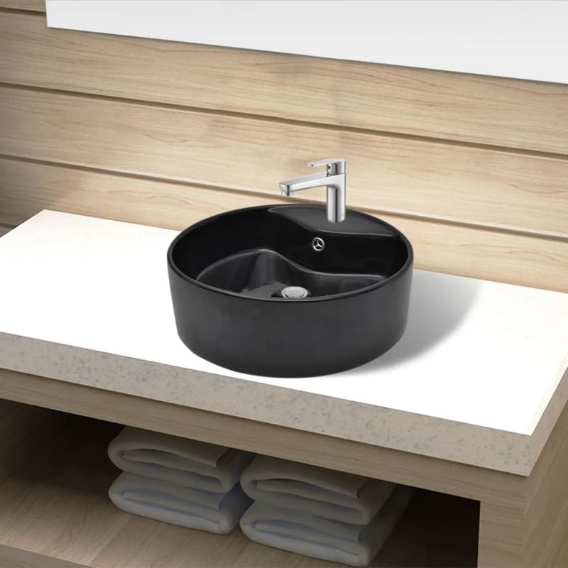 Asupermall - Ceramic Bathroom Sink Basin Faucet/Overflow Hole Black Round