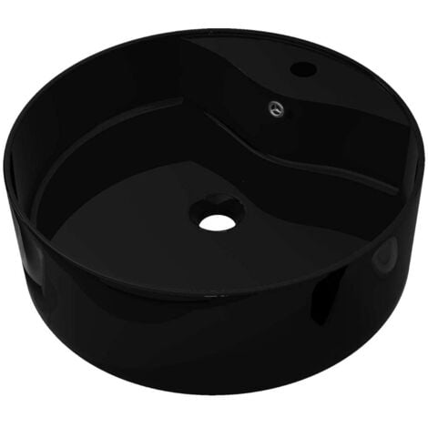 Ceramic Bathroom Sink Basin Faucet/Overflow Hole Black Round