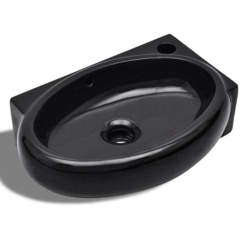 Ceramic Bathroom Sink Basin Faucet/Overflow Hole Black Round vidaXL