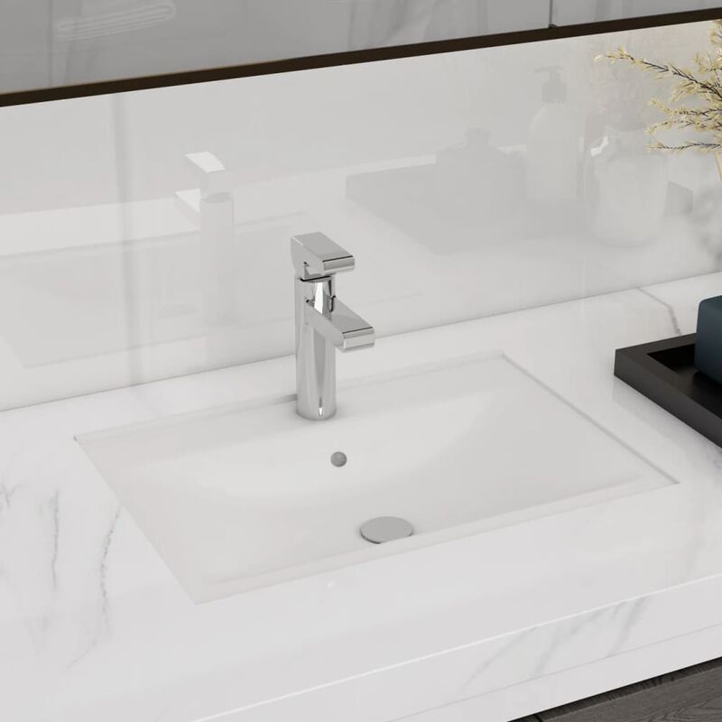 Ceramic Bathroom Sink Basin Faucet/Overflow Hole White Rectangular - White
