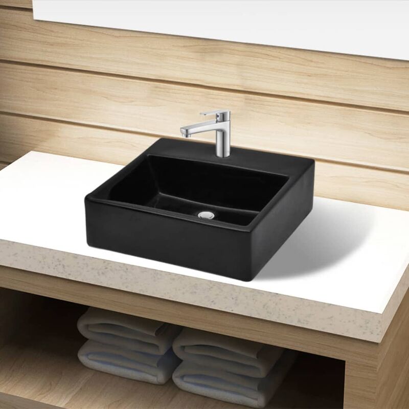 Ceramic Bathroom Sink Basin with Faucet Hole Black Square - Black