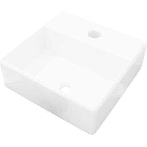 Ceramic Bathroom Sink Basin with Faucet Hole White Square - White