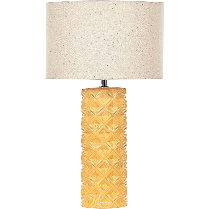 Ceramic Bedside Table Lamp Beige Drum Shade Geometric Pattern Yellow Balonne - Yellow