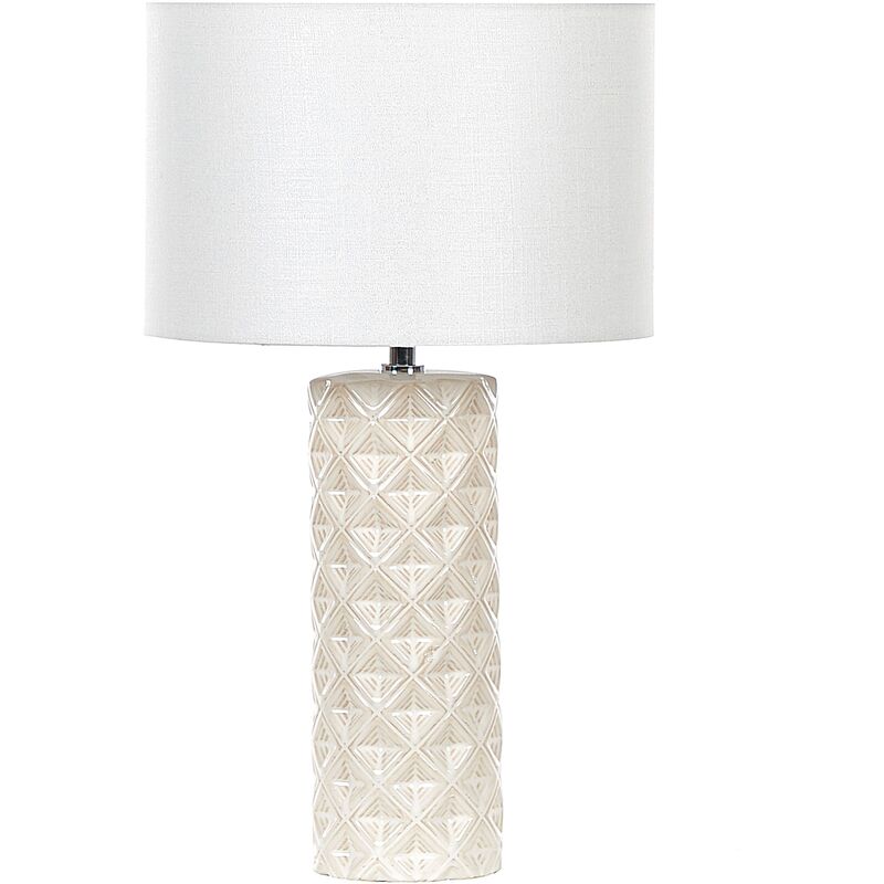 Ceramic Bedside Table Lamp with White Drum Shade Geometric Pattern Beige Balonne