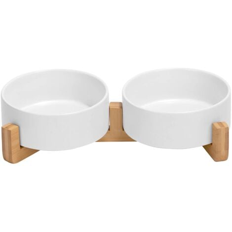 Ceramic Double Bowl with Bamboo Stand for Cats and Dogs (400ml, White)
