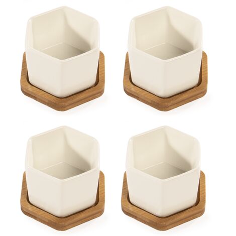 main image of "Ceramic Hexagon Bamboo Base Planter Pots - Set of 4 | M&W - White"