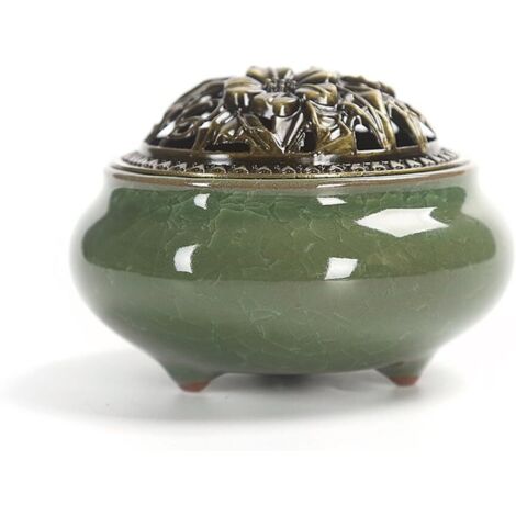 Ceramic Incense Burner, Classic Style Incense Burner with Brass Incense Holder Gourds and Metal Lid, Decorative Home Accessory(B)