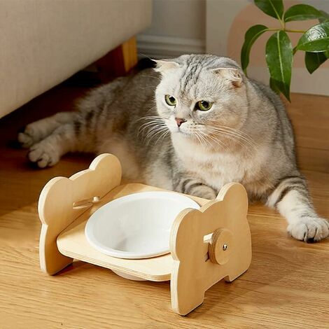 Ceramic Raised Dog Cat Bowl, 15° Tilted Non-Slip Anti-Vomiting Dog Cat Food Bowl, Cat Food Bowl with Wooden Stand for Small Dogs and Cats (Double Bowl)