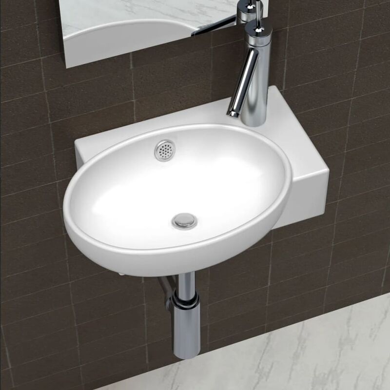 Ceramic Sink Basin Faucet & Overflow Hole Bathroom White - White