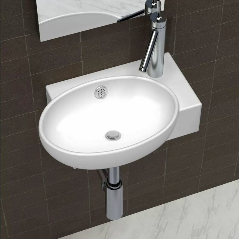 Ceramic Sink Basin Faucet & Overflow Hole Bathroom White VDTD03679