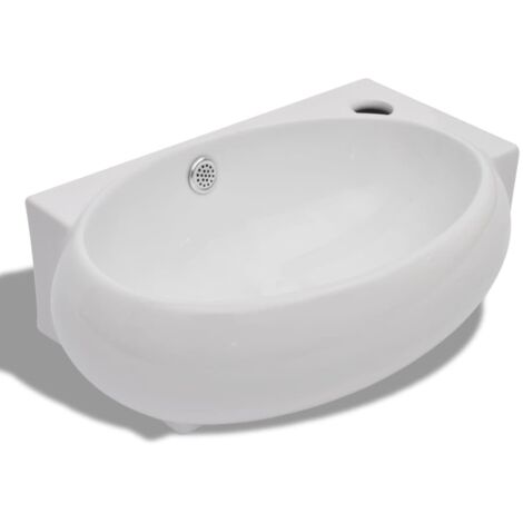 Ceramic Sink Basin Faucet & Overflow Hole Bathroom White vidaXL