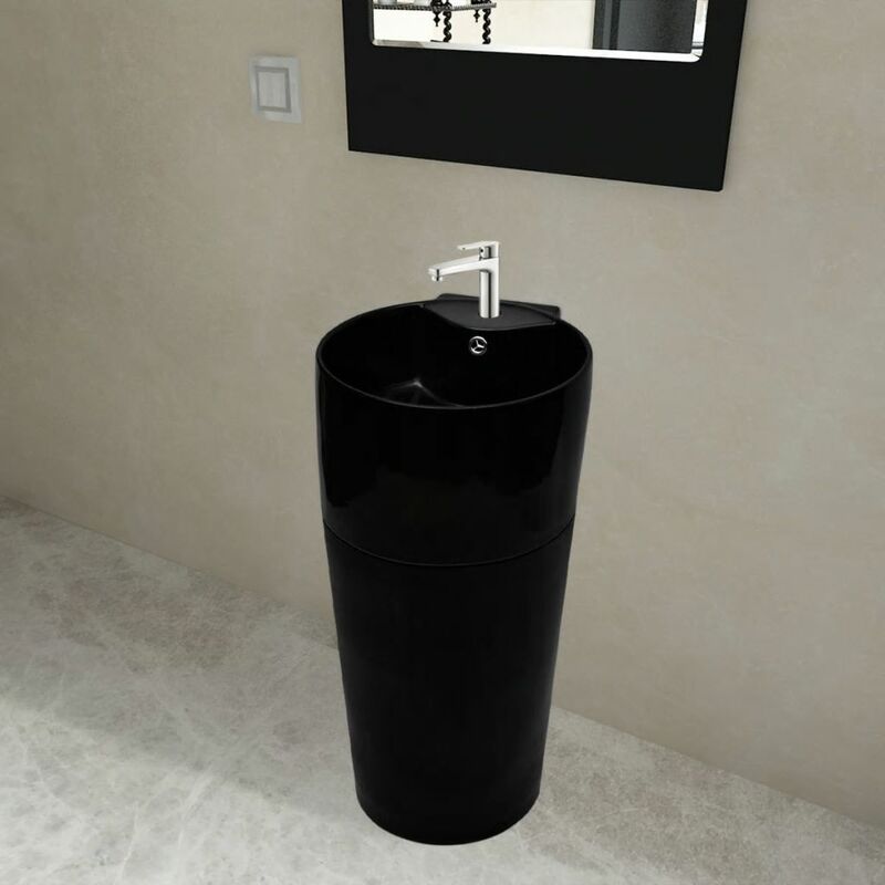 Ceramic Stand Bathroom Sink Basin Faucet/Overflow Hole Black Round VDTD04221