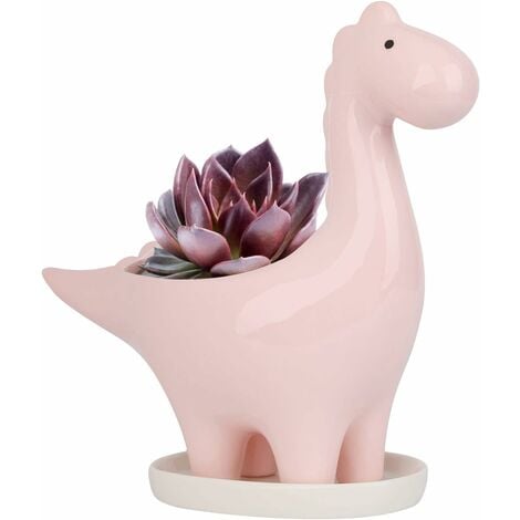 Ceramic Succulent Pot with Saucer, Dinosaur Shape Cactus Flower Pot, Mini Indoor Plant Pot Gift Decoration for Home Office Bonsai Planter Container（pink）