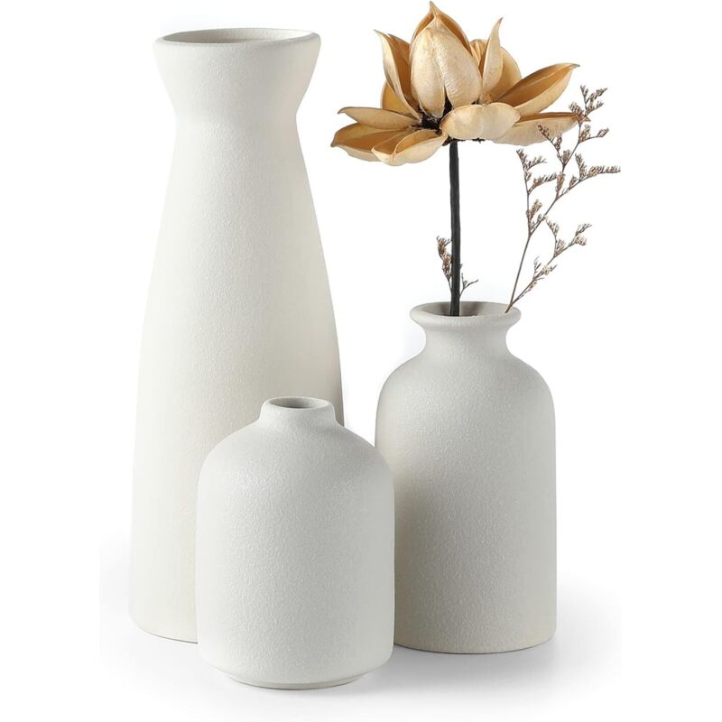 Ensemble de 3 vases en céramique blanche – Décoration bohème minimaliste – Dimensions : 21cm H x 7cm L, 12,5cm H x 7,2cm L, 10cm H x 7,2cm L