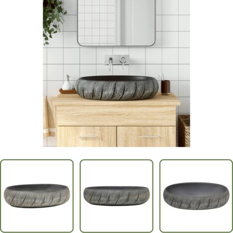 Ceramica -  Lavabo da Appoggio Nero e Grigio Ovale 59x40x15 cm Ceramica
